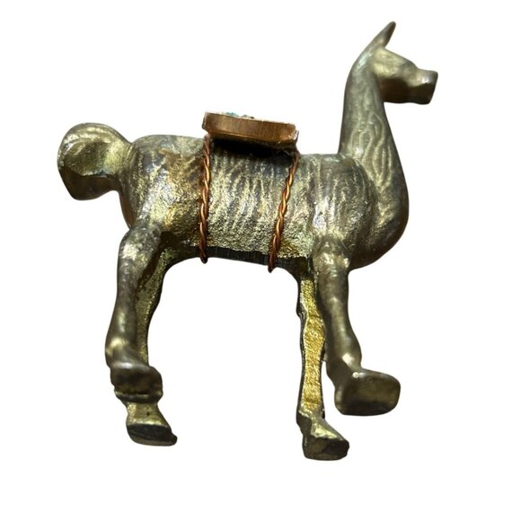 Vintage Brass Llama Figurine With Turquoise Stone Saddle - Picture 4 of 5